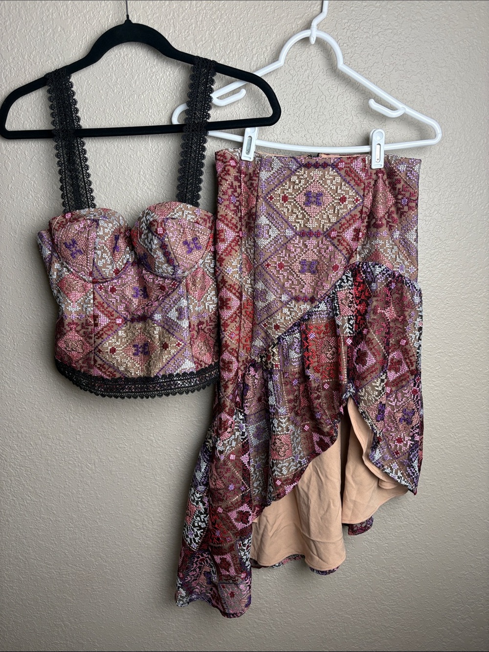X by NBD Hailey Brocade Bustier Crop Top & Asymmetrical Skirt Set Size Small